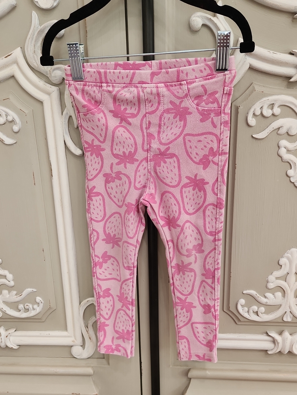 Zara Baby Girls' Pink Strawberry Print Denim Stretch Pants Size 18 - 24 Months